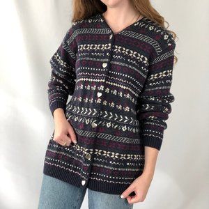 Stunning Vintage Oversized Cardigan Knit Sweater Fair Isle Nordic Print Hearts